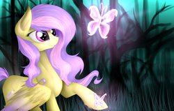 Size: 3000x1911 | Tagged: safe, artist:skajcia, oc, oc only, oc:sweety draw, butterfly, pegasus, pony, forest, pegasus oc, solo, wings