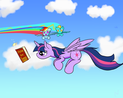 Size: 1024x819 | Tagged: safe, artist:arcuswind, derpy hooves, lightning dust, rainbow dash, tank, twilight sparkle, alicorn, pegasus, pony, g4, book, bubble, cloud, cloudy, contrail, female, flying, mare, open mouth, reading, speed trail, this will end in pain, this will end in tears, twilight sparkle (alicorn)