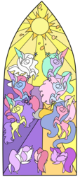 Size: 3500x7700 | Tagged: safe, artist:otterlore, princess primrose, princess royal blue, princess serena, princess sparkle, princess starburst, princess tiffany, g1, g4, g1 to g4, generation leap, hat, hennin, princess ponies, princess pony, simple background, stained glass, transparent background