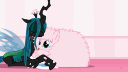 Size: 640x360 | Tagged: safe, artist:mixermike622, queen chrysalis, oc, oc:fluffle puff, changeling, changeling queen, pony, g4, :p, animated, bipedal, canon x oc, cuddling, eyes closed, female, gif, graceful, lesbian, mare, pillow, pillow fight, prone, ship:chrysipuff, shipping, smiling, snuggling, throwing, tongue out
