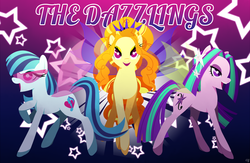 Size: 1920x1250 | Tagged: dead source, safe, artist:magneticskye, adagio dazzle, aria blaze, sonata dusk, earth pony, flutter pony, pony, equestria girls, g4, my little pony equestria girls: rainbow rocks, abstract background, cutie mark, female, hooves, lineless, mare, open mouth, singing, the dazzlings