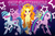 Size: 1920x1250 | Tagged: dead source, safe, artist:magneticskye, adagio dazzle, aria blaze, sonata dusk, earth pony, flutter pony, pony, equestria girls, g4, my little pony equestria girls: rainbow rocks, abstract background, cutie mark, equestria girls ponified, female, gradient background, hooves, lineless, mare, open mouth, ponified, singing, siren wings, sonata's pointy shades, the dazzlings, trio, trio female, white pupils