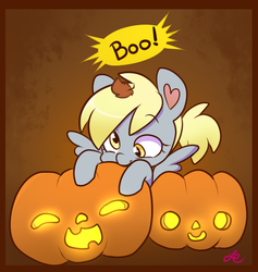 Size: 500x527 | Tagged: safe, artist:lolopan, derpy hooves, pegasus, pony, g4, cute, derpabetes, female, jack-o-lantern, mare, pumpkin, solo