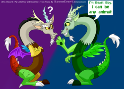 Size: 1024x738 | Tagged: safe, artist:ravenevert, discord, draconequus, g4, beast boy, character to character, clone, comic, crossover, dc comics, dialogue, question mark, species swap, speech bubble, teen titans, this will end in tears and/or death, transformation, twinning, xk-class end-of-the-world scenario