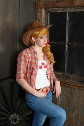 Size: 597x900 | Tagged: safe, artist:artemismooncosplay, applejack, human, g4, clothes, cosplay, costume, cowboy hat, freckles, hat, irl, irl human, jeans, pants, photo