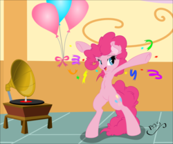 Size: 981x815 | Tagged: safe, artist:dfectivedvice, artist:midnightblitzz, pinkie pie, earth pony, pony, g4, balloon, bipedal, chest fluff, confetti, cute, ear fluff, female, mare, party, smiling, solo, streamers, underhoof, vector