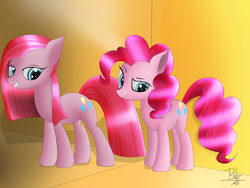 Size: 4000x3000 | Tagged: safe, artist:mrbrunoh1, pinkie pie, earth pony, pony, g4, duality, duo, mirror, pinkamena diane pie, reflection