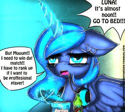 Size: 1000x900 | Tagged: safe, artist:gamermac, princess luna, gamer luna, g4, controller, doritos, ear fluff, female, floppy ears, headphones, magic, mountain dew, solo, telekinesis