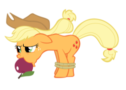 Size: 7000x5043 | Tagged: safe, artist:tardifice, applejack, boast busters, g4, absurd resolution, apple, apple gag, bondage, bound and gagged, female, food, gag, hogtied, rope, simple background, solo, tied up, transparent background, vector