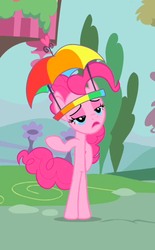 Size: 309x500 | Tagged: safe, screencap, pinkie pie, earth pony, pony, g4, bipedal, female, hat, mare, solo, umbrella hat, wat