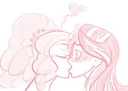 Size: 821x583 | Tagged: dead source, safe, artist:deadiifoozgo, adagio dazzle, sunset shimmer, equestria girls, g4, my little pony equestria girls: rainbow rocks, blushing, duo, female, kiss on the lips, kissing, lesbian, monochrome, ship:sunsagio, shipping, simple background, sketch, white background