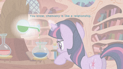 Size: 960x540 | Tagged: safe, twilight sparkle, g4, caption, chemistry, female, frown, magic, potion, solo, telekinesis, text, they might be giants, tmblp