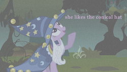 Size: 960x540 | Tagged: safe, edit, edited screencap, screencap, twilight sparkle, pony, g4, caption, female, hat, nightmare night, open mouth, smiling, solo, text, they might be giants, tmblp