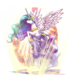 Size: 692x727 | Tagged: dead source, safe, artist:lova-gardelius, princess celestia, g4, beautiful, clothes, dress, female, flying, majestic, solo