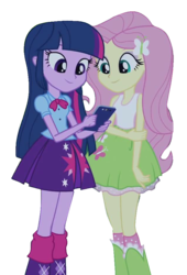 Size: 641x941 | Tagged: safe, artist:abtoons, edit, edited screencap, screencap, fluttershy, twilight sparkle, equestria girls, g4, my little pony equestria girls: rainbow rocks, perfect day for fun, background removed, boots, clothes, cropped, duo, high heel boots, iphone, polka dot socks, socks, twilight sparkle (alicorn)