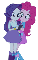 Size: 601x955 | Tagged: safe, artist:abtoons, edit, edited screencap, screencap, pinkie pie, rarity, equestria girls, g4, my little pony equestria girls: rainbow rocks, perfect day for fun, background removed, balloon, boots, clothes, cropped, high heel boots, iphone, jewelry, skirt