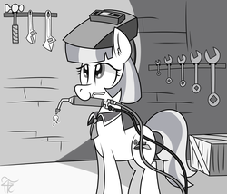 Size: 1272x1090 | Tagged: dead source, safe, artist:php92, coco pommel, earth pony, pony, g4, blowtorch, female, grayscale, hammer, implied hammers, mechanic, monochrome, mouth hold, solo, tools, welding mask, wrench