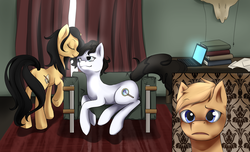 Size: 1024x623 | Tagged: safe, artist:murzik-teijiro, oc, oc only, earth pony, pony, couch, eyes closed, frown, gay, john watson, male, ponified, raised hoof, sherlock, sherlock holmes, smiling, surprised