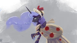 Size: 1920x1080 | Tagged: safe, artist:hierozaki, princess luna, g4, clothes, dress, female, hat, raised hoof, simple background, solo