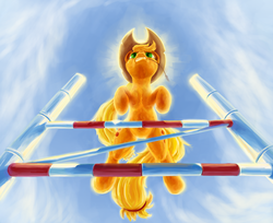 Size: 2000x1632 | Tagged: safe, artist:ponytron5000, applejack, g4, jumping, leaping, mouth hold, nose in the air, perspective, straw