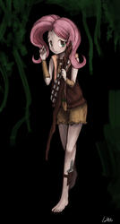 Size: 639x1188 | Tagged: safe, artist:lumineko, fluttershy, human, g4, abstract background, barefoot, blushing, chewbacca, clothes, crossover, feet, female, humanized, knife, looking at you, shorts, shy, solo, staff, star wars, stick, walking stick