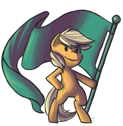 Size: 2052x2104 | Tagged: dead source, safe, artist:fauxsquared, earth pony, pony, g4, bipedal, flag, high res, hoof hold, pearjack, smirk, solo
