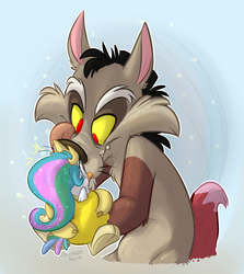 Size: 917x1029 | Tagged: safe, artist:thedoggygal, discord, princess celestia, bird, cat, g4, birdified, boop, catified, crossover, fangs, frown, holding, looney tunes, open mouth, scared, smirk, species swap, sylvester, tongue out, tweety bird, wide eyes