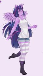 Size: 259x457 | Tagged: safe, artist:missangest, twilight sparkle, alicorn, anthro, g4, boots, bracelet, clothes, dressup, dressup game, glasses, human facial structure, shorts, socks, striped socks, tail, tank top, twilight sparkle (alicorn), wink, zettai ryouiki