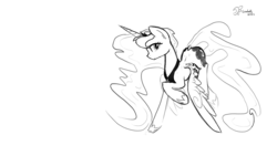 Size: 1280x720 | Tagged: safe, artist:darkflame75, princess luna, lunadoodle, g4, female, looking at you, monochrome, sketch, solo, spread wings