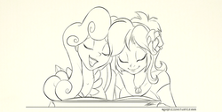 Size: 947x481 | Tagged: safe, artist:egophiliac, bon bon, lyra heartstrings, sweetie drops, equestria girls, g4, my little pony equestria girls: rainbow rocks, eyes closed, female, leaning, lesbian, lineart, monochrome, musical instrument, open mouth, piano, ship:lyrabon, shipping, smiling