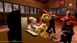 Size: 1366x768 | Tagged: safe, artist:mok-axe, derpy hooves, fluttershy, pegasus, pony, g4, 3d, 60s spider-man, computer, engineer, engineer (tf2), female, gmod, mare, meme, reaction image, scared, scout (tf2), spy, spy (tf2), team fortress 2