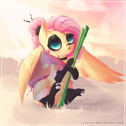 Size: 2000x2000 | Tagged: safe, artist:evehly, fluttershy, panda, g4, alternate hairstyle, bamboo, clothes, costume, female, high res, sitting, solo