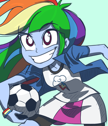 Size: 939x1100 | Tagged: safe, artist:lunchie, artist:varemia, rainbow dash, human, equestria girls, g4, my little pony equestria girls: rainbow rocks, armband, clothes, colored, female, football, grin, jacket, leaning, skirt, smiling, solo, sports, trace, wristband