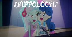 Size: 1123x570 | Tagged: safe, edit, edited screencap, screencap, bon bon, lyra heartstrings, sweetie drops, fanfic:anthropology, equestria girls, g4, my little pony equestria girls: rainbow rocks, counter-humie, hippology, image macro, in-universe pegasister, lyra the pegasister, meme, that human sure does love ponies, that human sure loves ponies