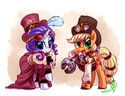 Size: 1280x981 | Tagged: safe, artist:whitediamonds, applejack, rarity, earth pony, pony, unicorn, rarijack daily, g4, clothes, dirty, dress, duo, feather, female, goggles, hat, jewelry, lesbian, looking at you, mare, mud, open mouth, ship:rarijack, shipping, steampunk, tumblr, wrench