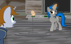 Size: 4000x2500 | Tagged: safe, artist:mrlolcats17, oc, oc only, oc:homage, oc:littlepip, pony, unicorn, fallout equestria, clothes, cutie mark, duo, fanfic, fanfic art, female, glowing horn, hooves, horn, jumpsuit, magic, mare, microphone, open mouth, show accurate, tenpony tower, vault suit, voice change, voice change spell