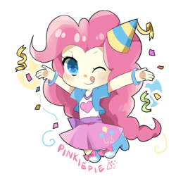 Size: 600x600 | Tagged: safe, artist:kaede benkyoo-chou, pinkie pie, human, equestria girls, g4, colored pupils, confetti, cute, diapinkes, female, hat, human coloration, humanized, one eye closed, party hat, pixiv, simple background, solo, tongue out, transparent, transparent background, wink