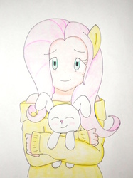Size: 2186x2918 | Tagged: safe, artist:kary22, angel bunny, fluttershy, human, g4, clothes, eared humanization, female, high res, humanized, solo, sweatershy, traditional art