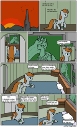 Size: 1000x1650 | Tagged: safe, artist:king-koder, princess celestia, oc, oc:littlepip, alicorn, pony, unicorn, comic:post-fallout equestria, fallout equestria, g4, bed, clothes, comic, fanfic, fanfic art, female, horn, mare, pillow, pipbuck, pipleg, screen, sun