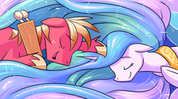 Size: 3700x2052 | Tagged: safe, artist:gsphere, big macintosh, princess celestia, earth pony, pony, g4, dat mane, eyes closed, female, freckles, high res, long hair, male, open mouth, sleeping, sleeping macintosh daily, smiling, spread out hair, stallion