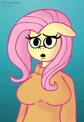 Size: 3125x4500 | Tagged: safe, artist:scobionicle99, fluttershy, anthro, g4, breasts, busty fluttershy, clothes, female, solo, sweatershy