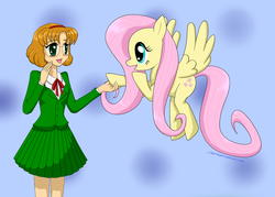 Size: 1400x1001 | Tagged: safe, artist:empyu, fluttershy, human, g4, clothes, crossover, cute, duo, fuu hououji, glasses, hairband, happy, jacket, magic knight rayearth, necktie, pleated skirt, school uniform, schoolgirl, simple background, skirt, smiling