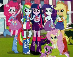 Size: 508x399 | Tagged: safe, applejack, fluttershy, pinkie pie, rainbow dash, rarity, spike, twilight sparkle, dog, equestria girls, g4, backpack, balloon, book, boots, bracelet, canterlot high, clothes, equestria girls prototype, high heel boots, jewelry, ponied up, pony ears, skirt, spike the dog, twilight sparkle (alicorn)