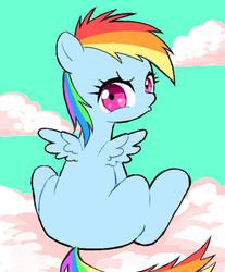 Size: 600x726 | Tagged: dead source, safe, artist:semi-kon, rainbow dash, pegasus, pony, g4, blank flank, cloud, female, filly, filly rainbow dash, pouting, solo, spread wings, wings, younger