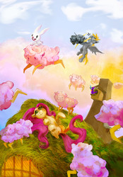 Size: 1319x1892 | Tagged: safe, artist:miradge, angel bunny, derpy hooves, discord, fluttershy, pegasus, pony, sheep, g4, black sheep, cloud, cloudy, female, fluttershy's cottage, mare