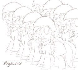 Size: 1000x893 | Tagged: safe, oc, oc only, oc:aryanne, earth pony, pony, alternate hairstyle, army, black and white, braid, clone, clothes, female, formation, germany, grayscale, group photo, helmet, looking at you, monochrome, sketch, soldier, uniform