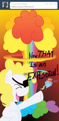 Size: 626x1280 | Tagged: safe, artist:kukilunestar, rainbow dash, surprise, earth pony, pony, ask tripie, g1, g4, ask, atomic rainboom, chubbie, explosion, eyepatch, female, mare, tumblr