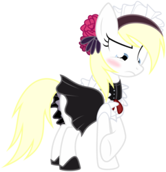 Size: 4000x4149 | Tagged: safe, artist:vectorfag, edit, oc, oc only, oc:aryanne, earth pony, pony, absurd resolution, blushing, clothes, earth pony oc, flower, hoofrub, looking down, maid, simple background, skirt, solo, transparent background, unhappy, vector