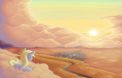 Size: 1500x966 | Tagged: safe, artist:yeendip, derpy hooves, pegasus, pony, g4, female, mare, prone, scenery, solo