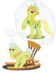 Size: 1908x2510 | Tagged: safe, artist:silentbutbeardly, granny smith, earth pony, pony, g4, armor, female, helmet, hoof shoes, mare, rocking chair, royal guard, royal guard armor, simple background, sitting, solo, thought bubble, transparent background, young granny smith, younger